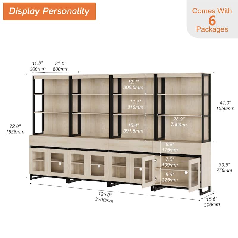 4 PCS Modern 72" Tall Buffet Cabinet with 4 Drawers and Open Shelves, Storage Cabinet for Dining Room or Kitchen