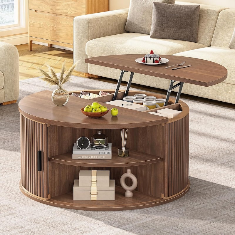 Round Lift Top Coffee Table 180 Grad Curved Sliding Door Living Room - Coffee