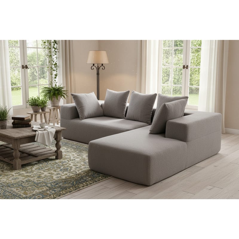 L-Shaped Modular Sectional Sofa, Full Foam Compressed Deep Seat Sofa, Upholstered Corner Sofa with 5 Throw Pillows