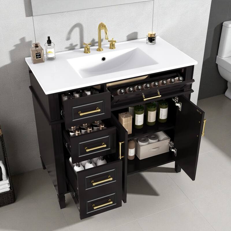 36" Freestanding Bathroom Vanity with Sink, Solid Pinewood & MDF Cabinet, 4 Drawers, 2 Doors, Gold Metal Handles
