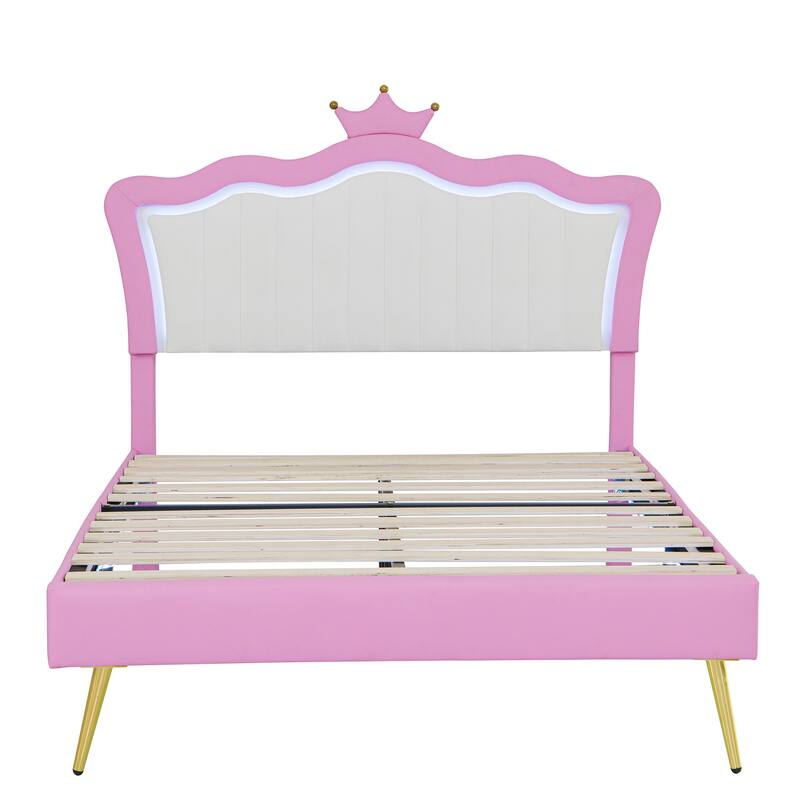 Full Size Modern Upholstered Princess Platform Bed with LED & Crown Headboard