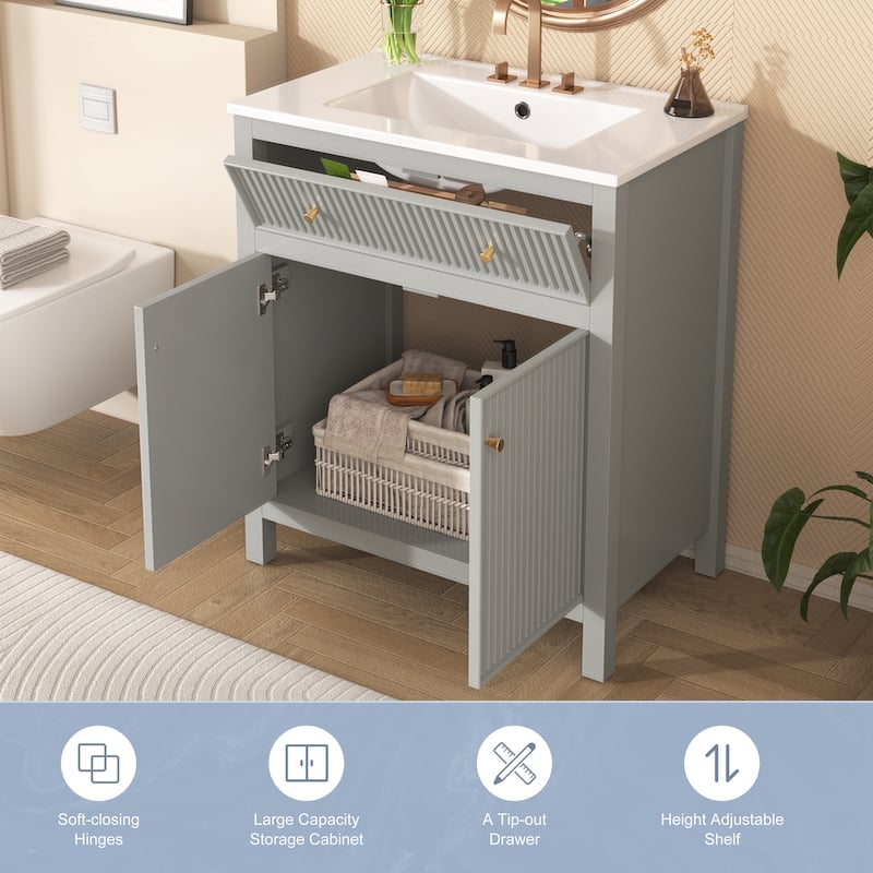 Roomfitters 30" Vanity with Ceramic Sink, Freestanding Cabinet with Soft Closing Doors, Modern Bathroom Design, Grey