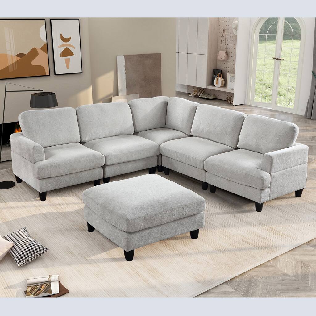 6 Seat U-Shaped Modular Corner Sectional Sofa Couch with Ottoman