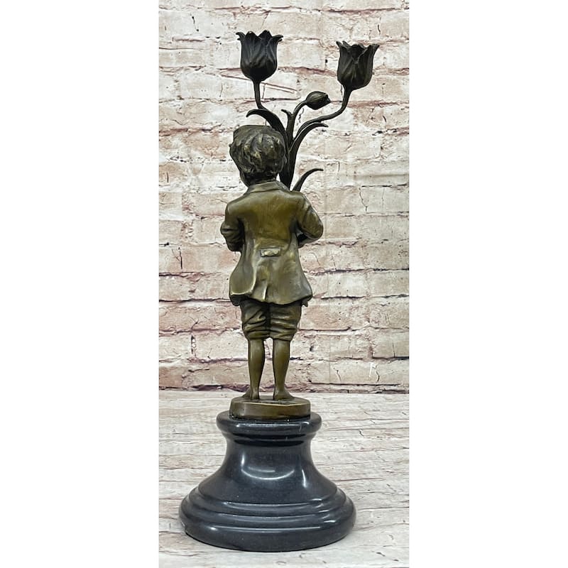 Original Aldo Vitaleh Boy Holding A Tulip Vase Bronze Candle Holder Sculpture