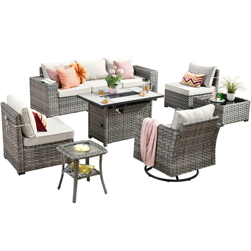 HOOOWOOO 9-piece Wicker Outdoor Modular Wide Armrest Sectional Set Fire Pit Set