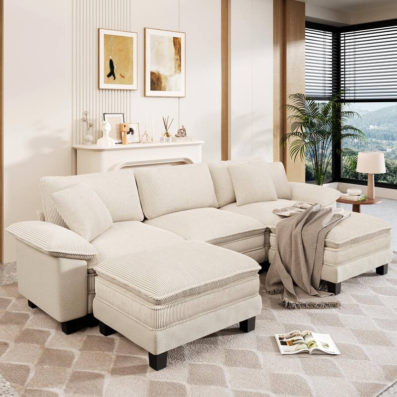 MAISON ARTS Modular Cloud Sectional Sofa, Comfy L- or U-Shaped Couch with Ottomans & Pillows, 4–6 Seat Living Room Sofa - Off-White Corduroy ( 5 Pieces) - Symmetrical