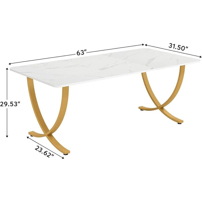 63" Executive Office Desk Modern White & Gold Computer Desk with Faux Marble Tabletop