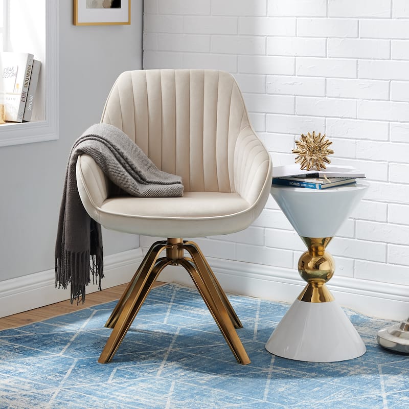 Art Leon Modern Velvet Swivel Chair with Golden Finish - Off White