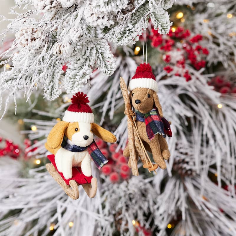 Set of 6 Christmas Plush Dog Ornaments with Ski and Sled Cute Winter Holiday Decorations