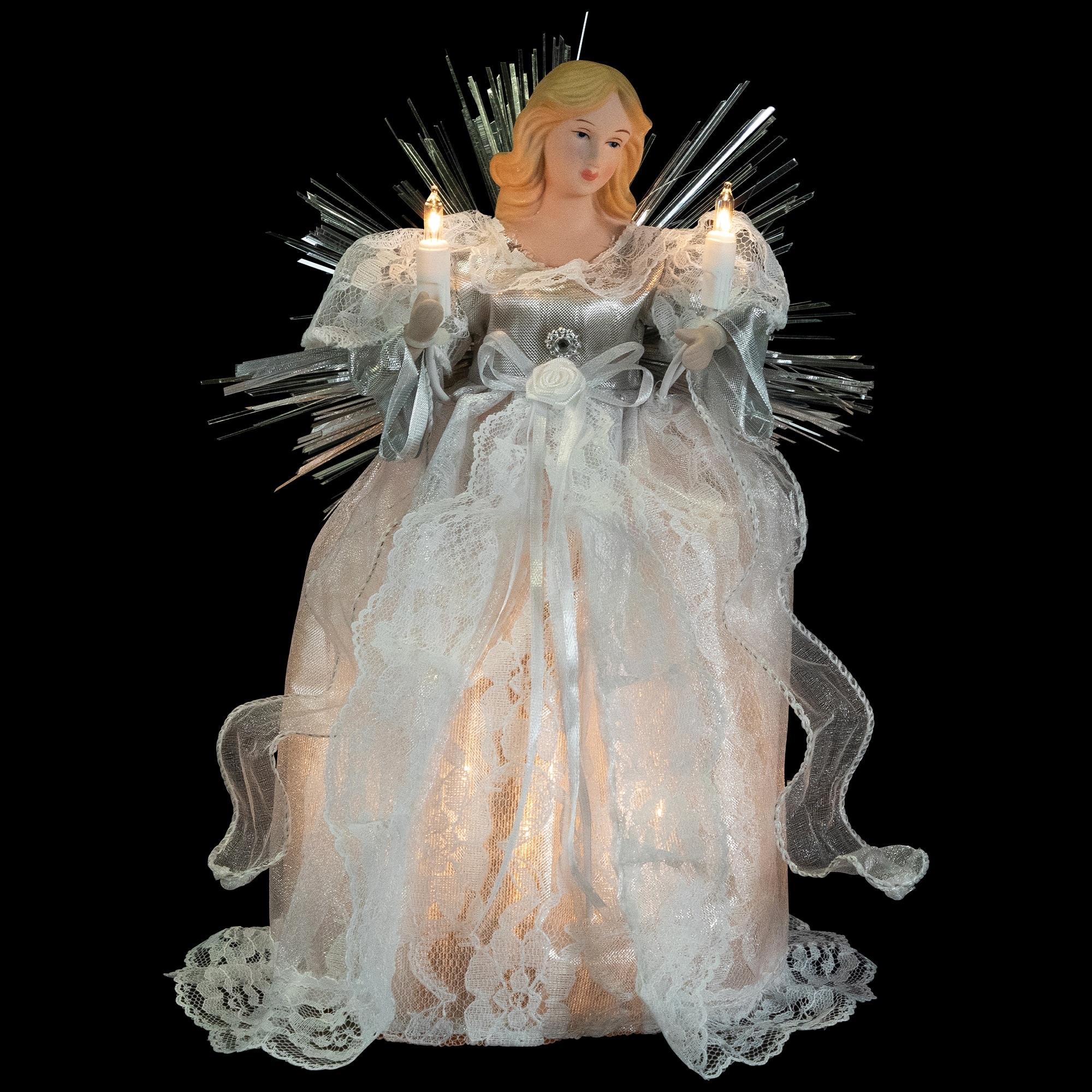 Lighted Angel with Candle Christmas Tree Topper - 10.5" - Silver - Clear Lights