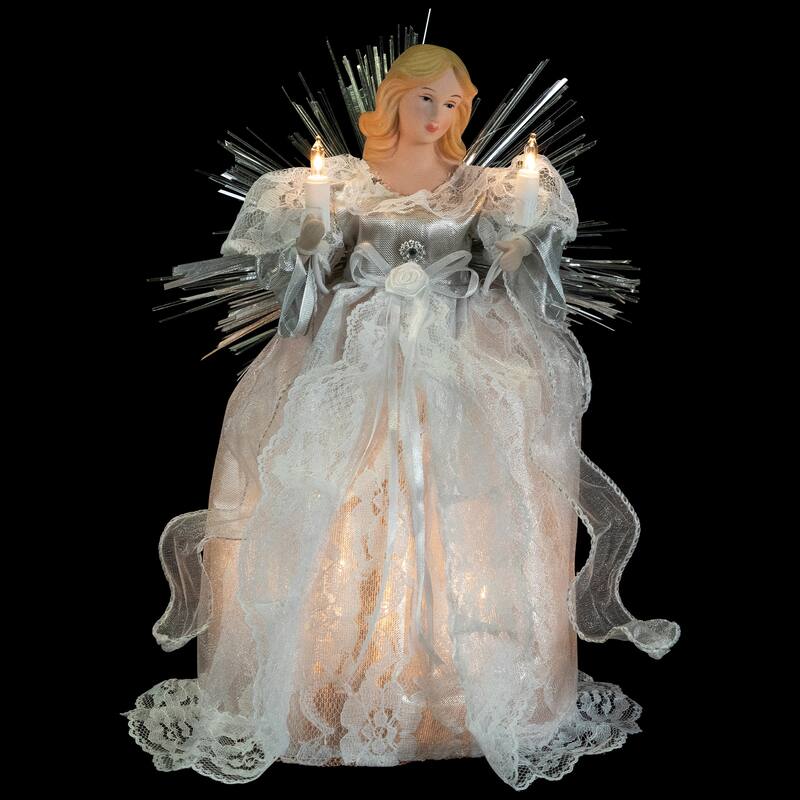 Lighted Angel with Candle Christmas Tree Topper - 10.5” - Silver - Clear Lights