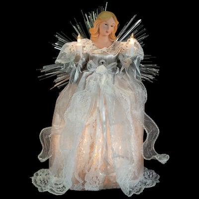 Lighted Angel with Candle Christmas Tree Topper - 10.5” - Silver - Clear Lights