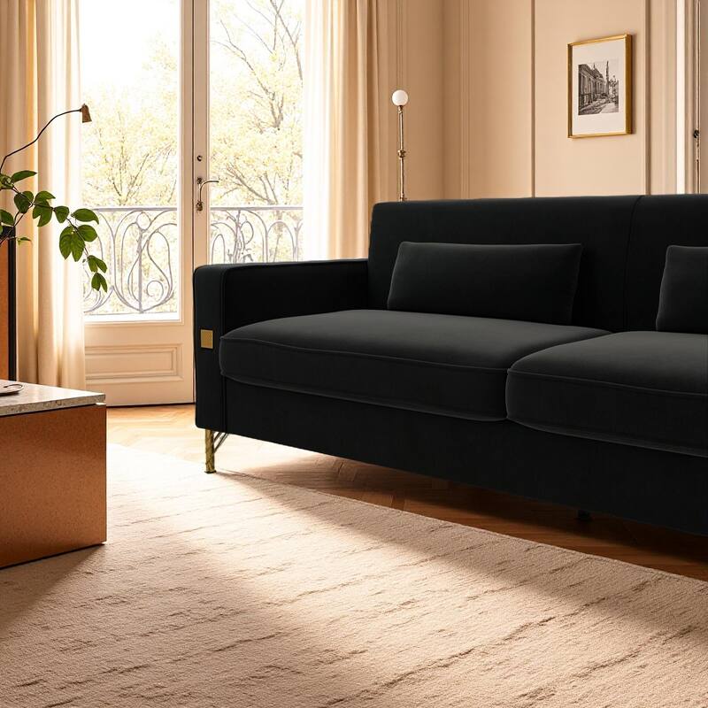 Roomfitters Mid-Century Modern Upholstered Sofa with Gold Metal Legs and Square Arms, Elegant Couch for Living Room