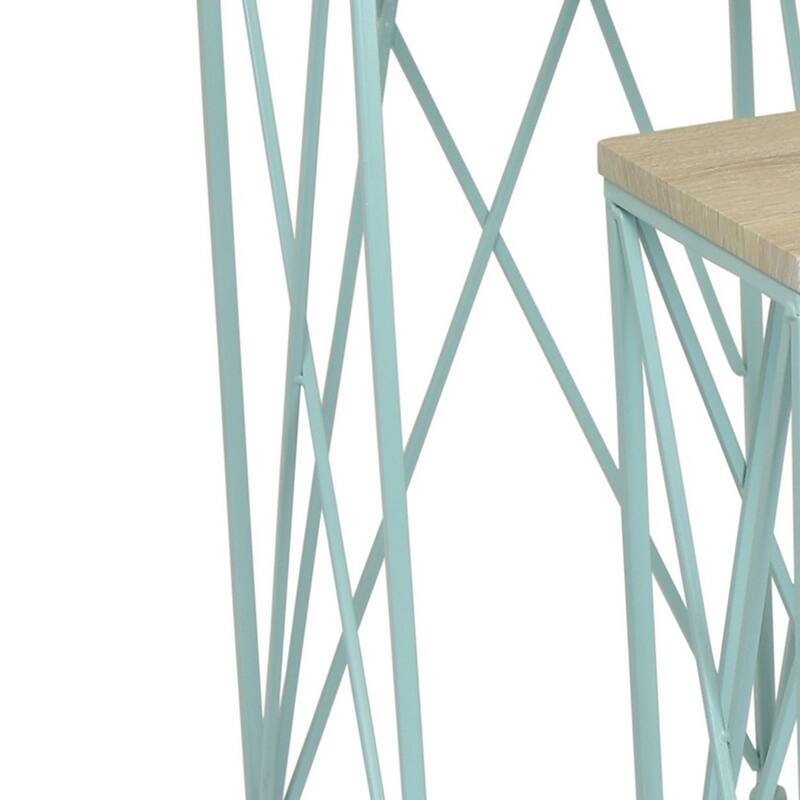 Mito 3pc Nesting Plant Stand Table, Brown Wood Top, X Cross Blue Metal