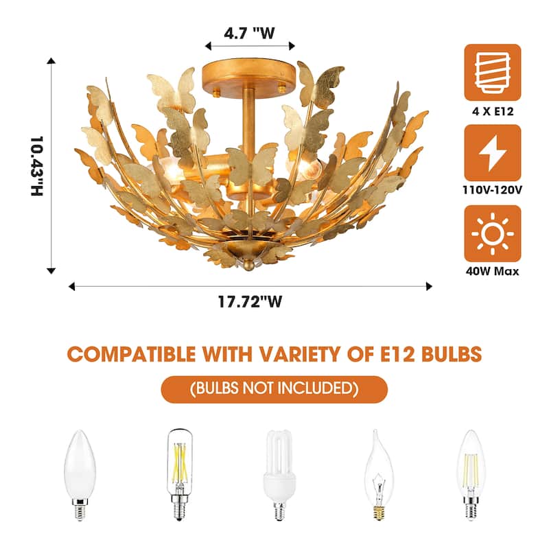 Antique Gold Butterfly Bowl 4-Light Semi Flush Mount Ceiling Light - 17.7"Wx10.4"H