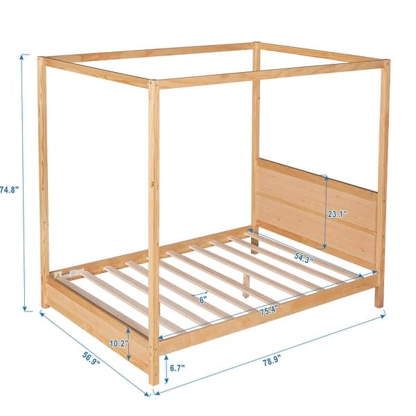 dimension image slide 3 of 4, Modern Queen/Full Size Canopy Platform Bed with Headboard and Support Legs - Natural Finish, Sturdy Pine Wood Construction
