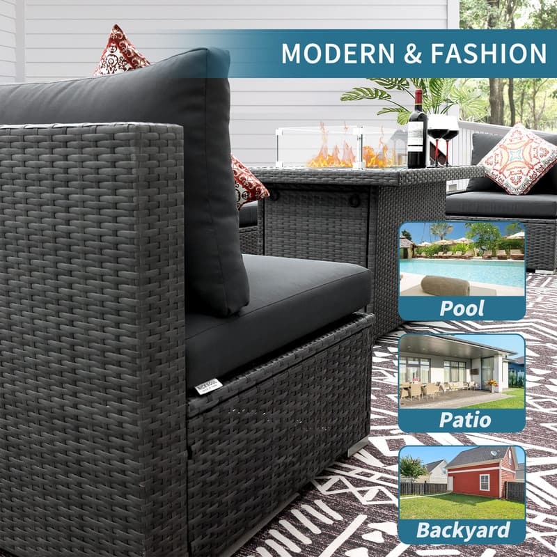FINCATI Patio Outdoor Wicker Furniture Set Sectional Sofa with Firepit
