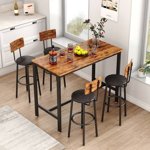 New Style Bar Table Set with Bar Stools PU Soft Seat with Backrest and Footrest ,1 Wooden Table(Set of 3 or Set of 5)