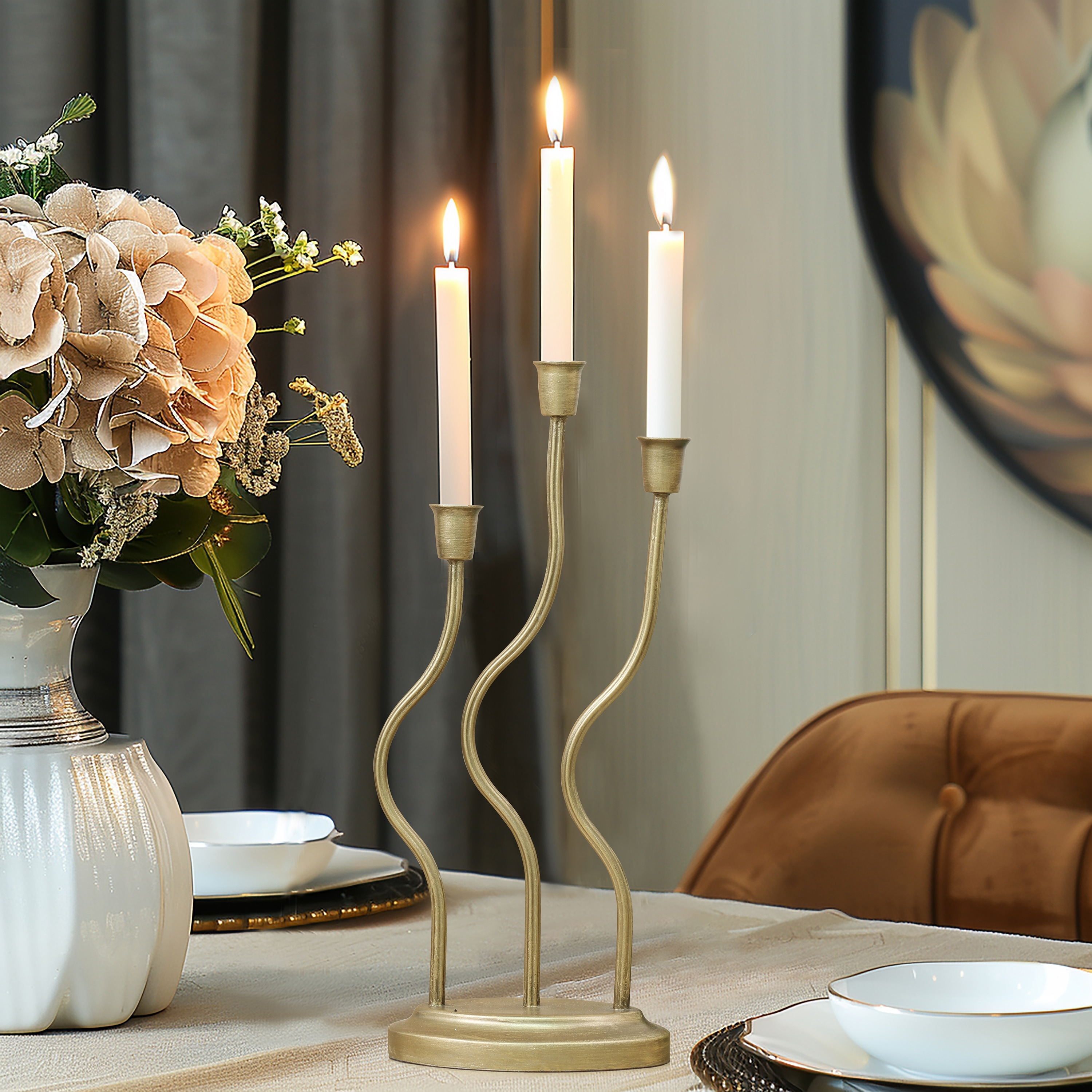 Gold Metal 3-Taper Candle Holder Tabletop Sculpture - 15.35" H x 6.9" W x 3.5" D