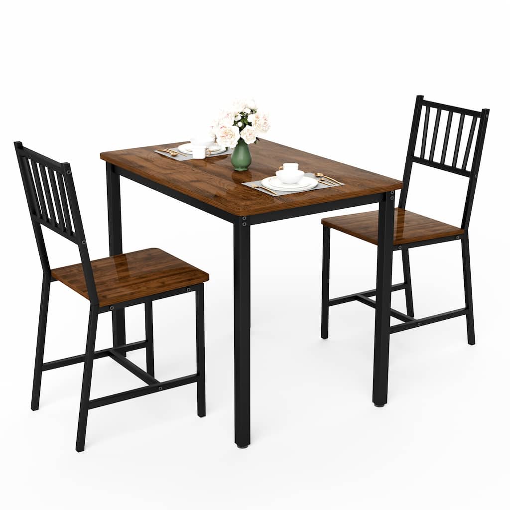 Anmytek Industrial 3 Piece Dining Set Walnut Wood Table with 2 Chairs Space Saving Breakfast Bar for Kitchen and Small Spaces
