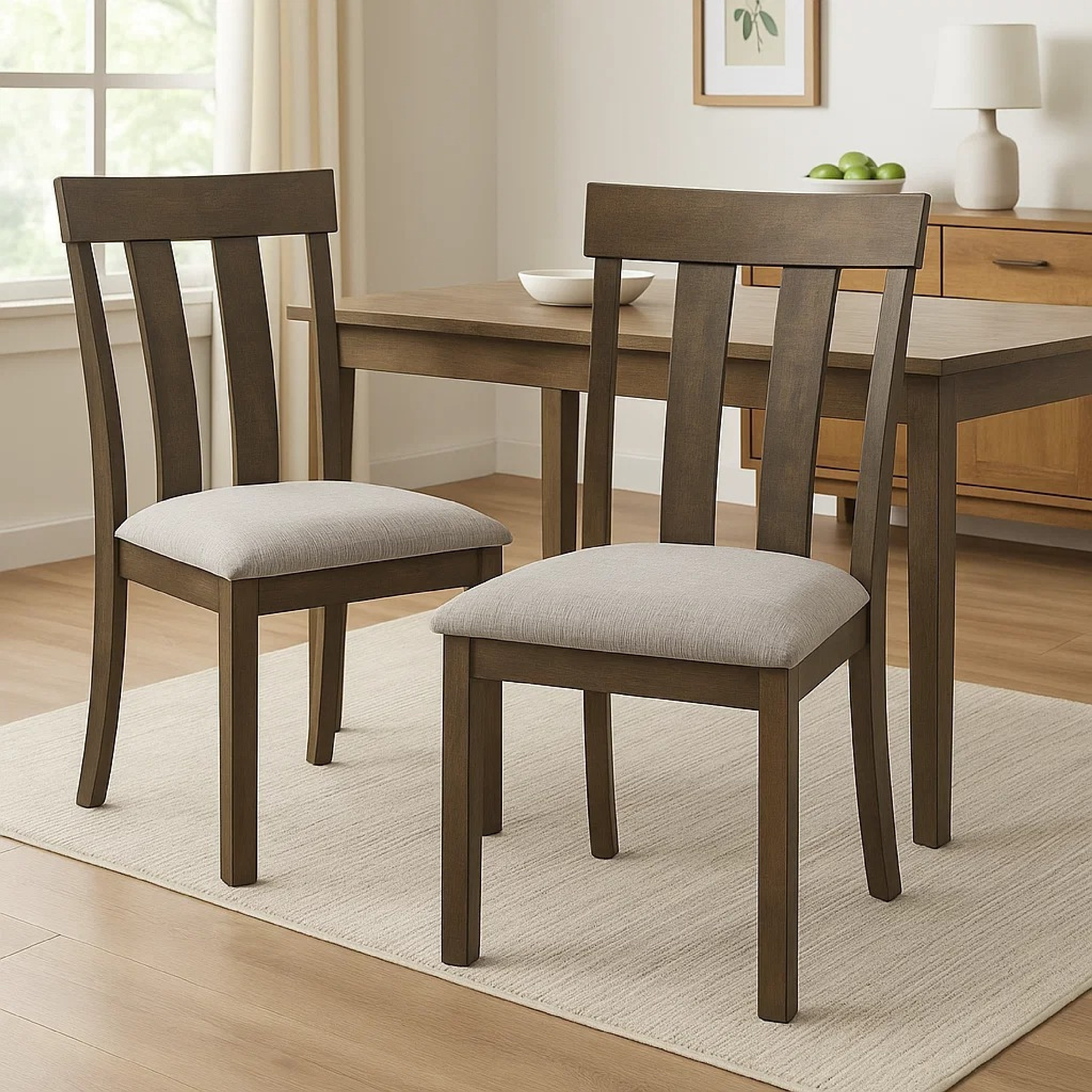 Set of 2 Dining Chairs, Brown Wood Slatted Back, Gray Fabric Seat