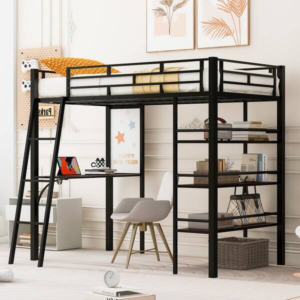slide 2 of 36, Stylish Metal Loft Bed Frame with 3 Layers of Shelves, Desk, Whiteboard, Ladder and Guardrails, Large Space Underneath Black - Twin