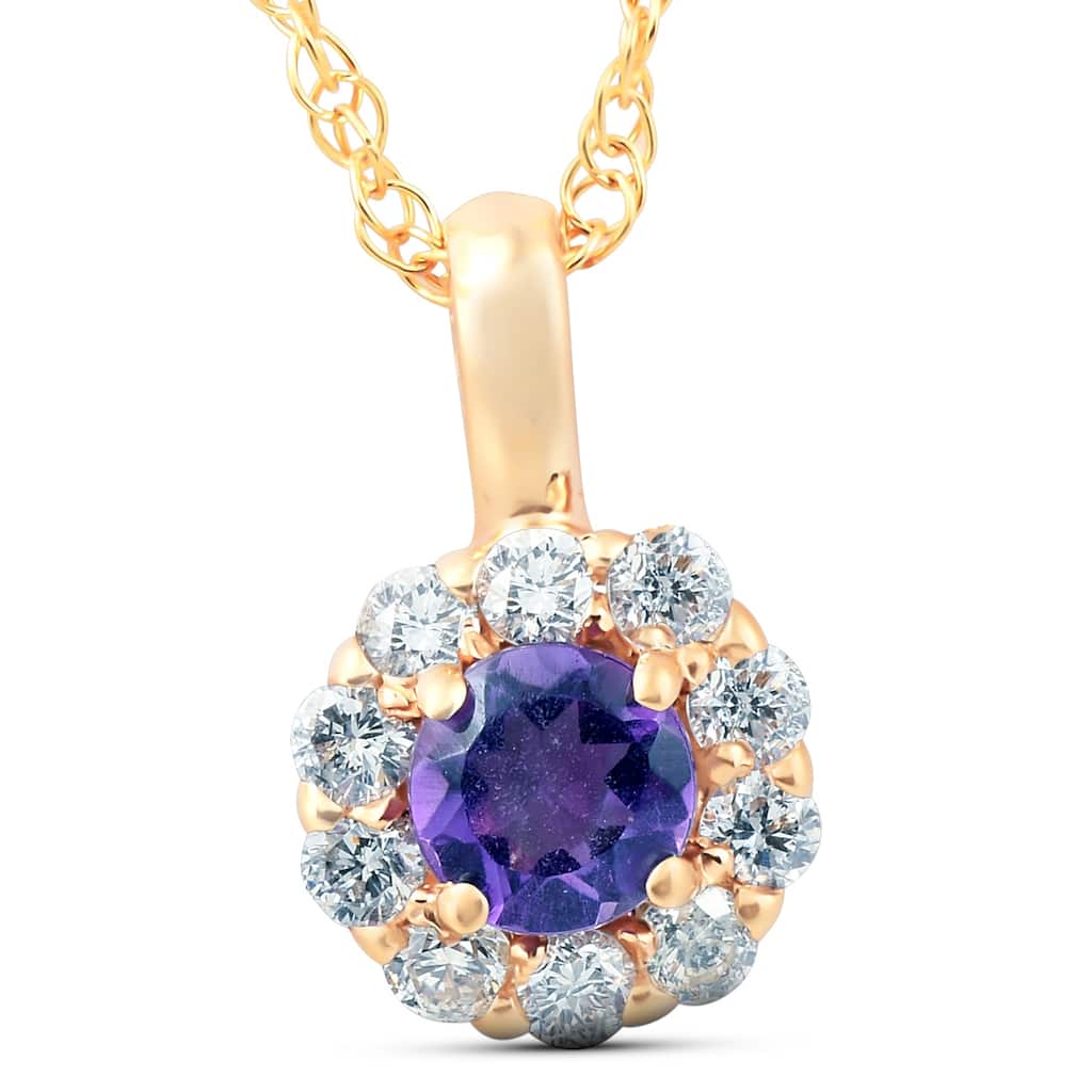 Bliss Diamond 1/2 Ct Diamond & Genuine Amethyst Halo Pendant Yellow Gold Womens Necklace