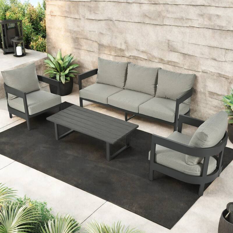 4-Piece Outdoor 5-Seater Iron Cnversation Sofa Set with Coffee Table and Thick Cushions - Light Gray