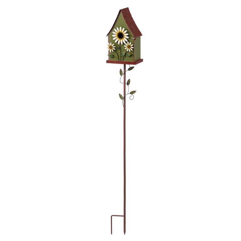 Glitzhome 52.5''H Blue Green Metal Sunflower Decorative Garden Birdhouse with Stake