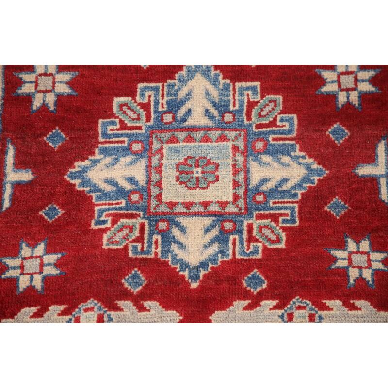 Geometric Kazak Area Rug Hand-Knotted Blue Wool Carpet - 6'7" x 9'8"