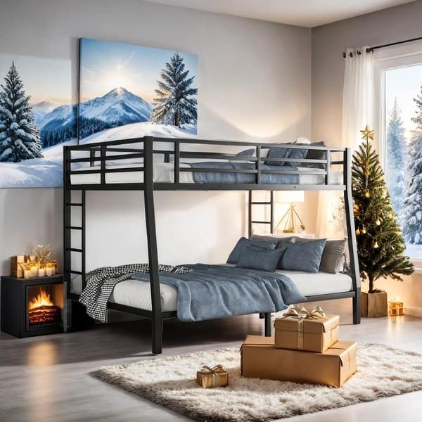 slide 2 of 11, Full XL over Queen Metal Bunk Bed with Dual Ladders, Black