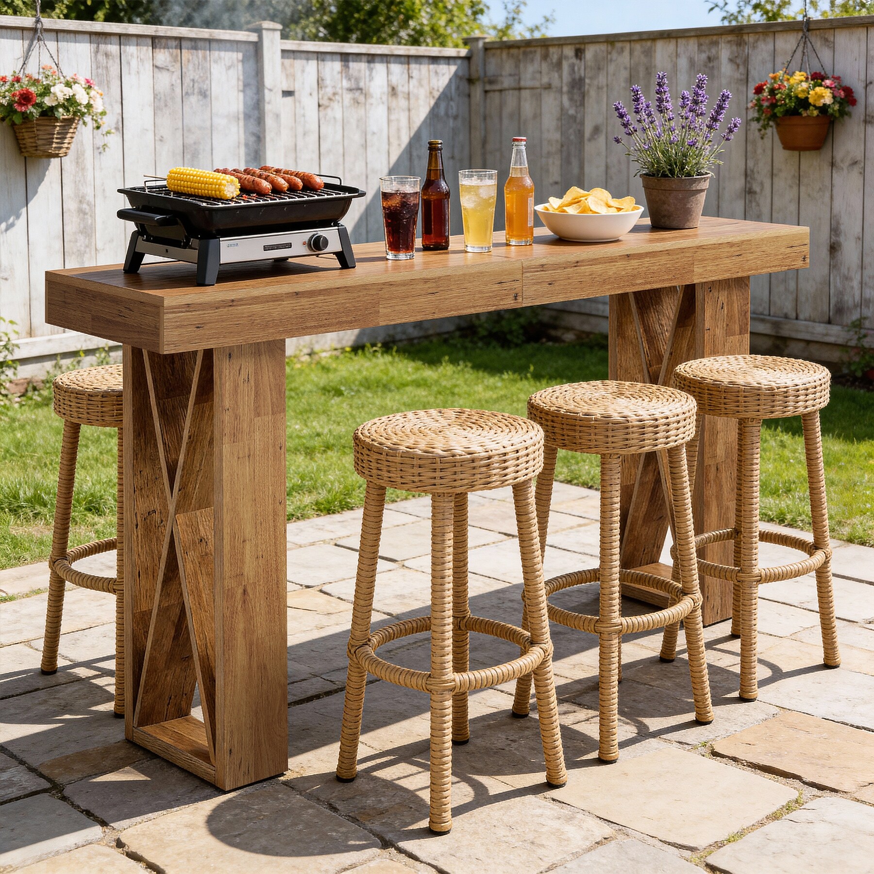 63-inch Long Wooden Bar Table, Counter Height Pub Table with X