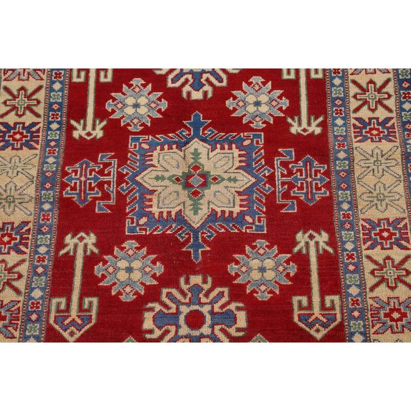 Geometric Kazak Rug Hand-Knotted Oriental Red Wool Carpet - 3'4"x 4'9"