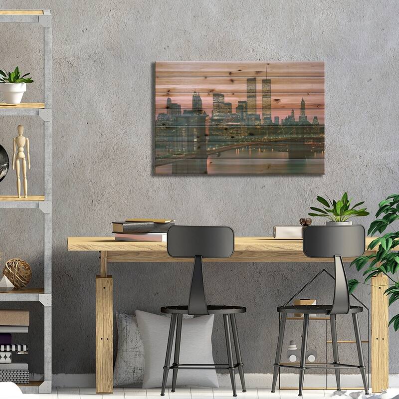 1980s New York City, NY Downtown Skyline At Dusk Print On Wood by Vintage Images - Multi-Color
