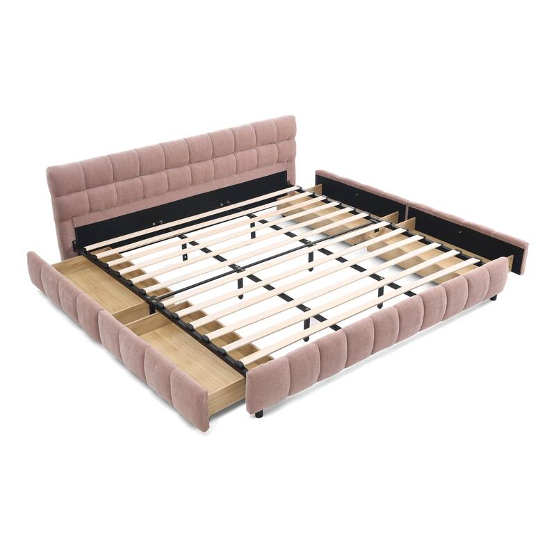 Lattice-shaped Cushion Platform Bed Grounded Bed Upholstered Bed Frame with 4 Drawers and Cozy Headboard No Box Spring Needed