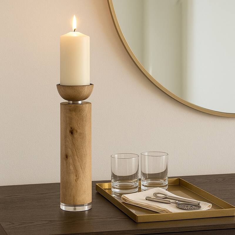 Wood Taper Candle Holder Acrylic Detail - Brown - 14.0"