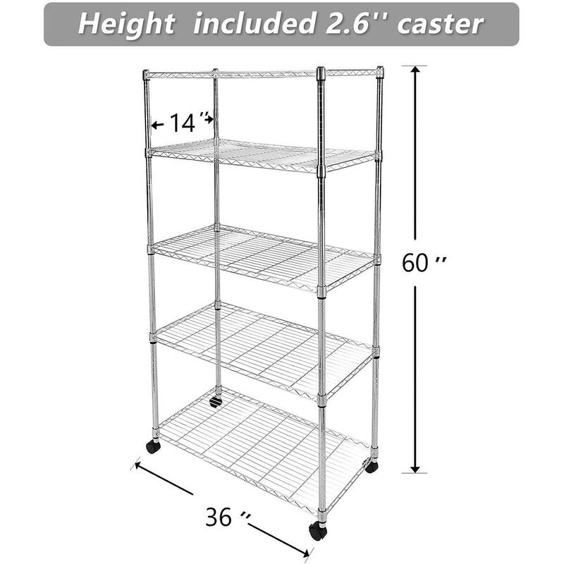 5Shelf Shelving Storage Units on Wheels Casters, Adjustable Heavy Duty Metal Shelf Wire Storage