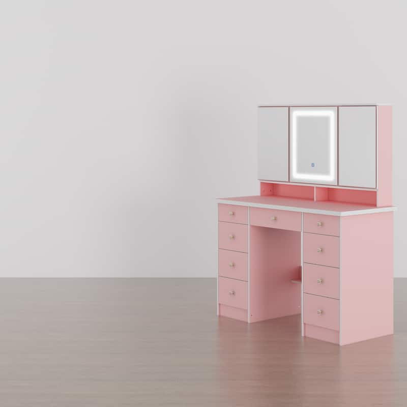 Spacious Vanity Desk with Mirrored Storage Cabinets - A Beauty Oasis