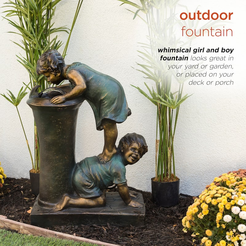 Alpine Corporation Outdoor Floor Joyful Boy and Girl Drinking Water Fountain, Playful Garden Waterfall with LED Lights