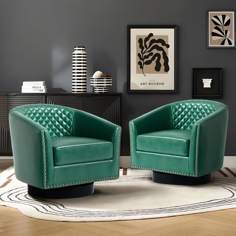 2 Set Modern Vegan Faux Leather Swivel Barrel Accent Chair