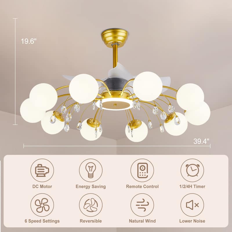31in. Indoor Gold Modern Ceiling Fan with Light, Reversible Fandelier with Light Bulbs and Remote for Living Room