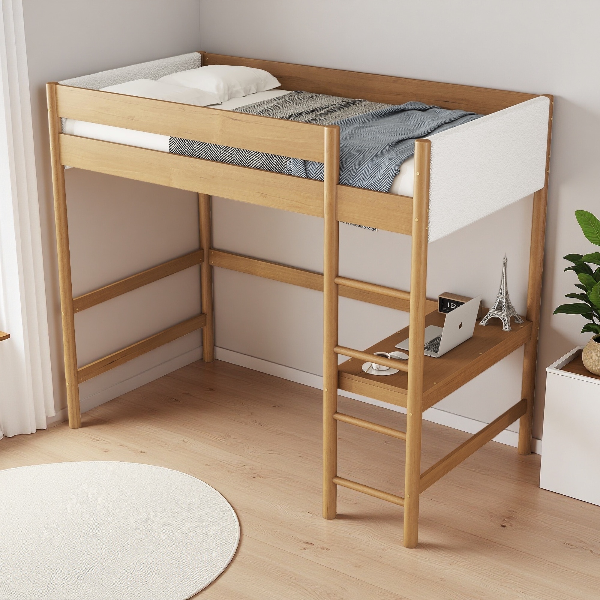 Twin Wood Loft Bed with Desk & Upholstered Headboard