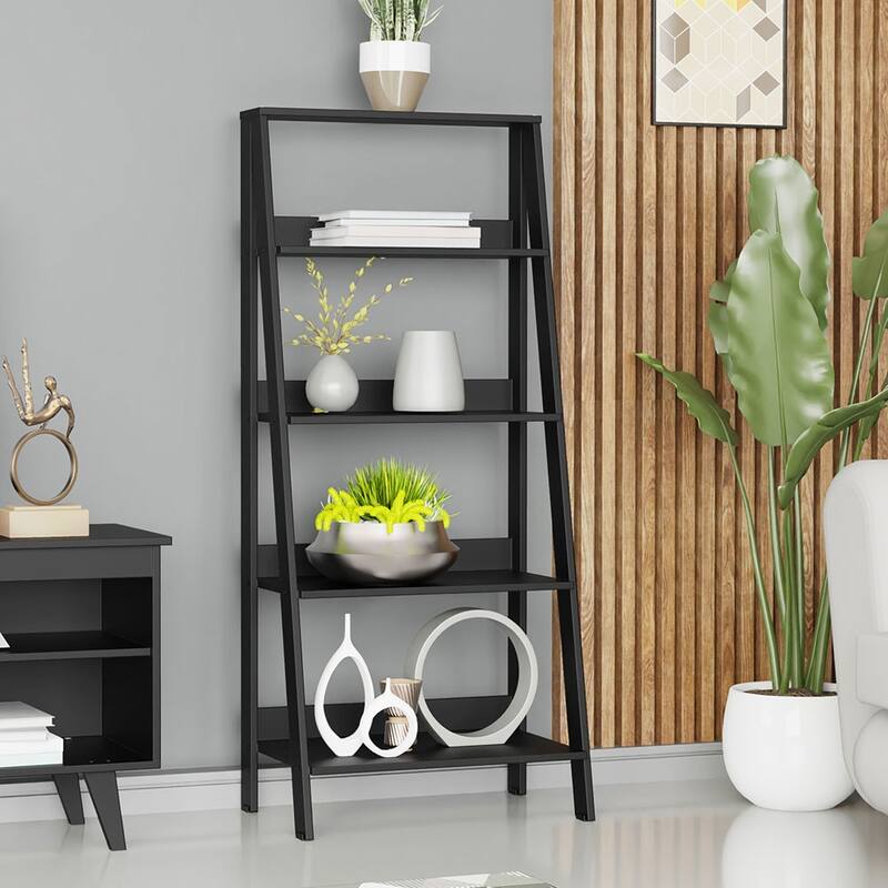 Madesa Modern 5-Tier Ladder Shelf Pantry Storage Space 24 Inch Free Standing Bookshelf Home Office Study Room and Kitchen - Black