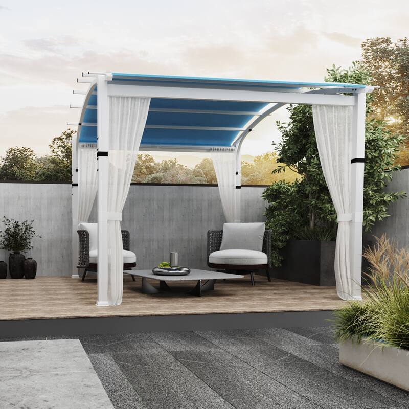 Cozywor 10 ft. x 10 ft. White Steel Patio Arched Pergola with Blue Shade Canopy and Curtains