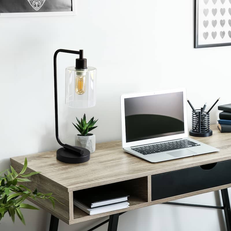 Simple Designs 18.8" Iron Lantern Desk Table Lamp with Glass Shade, Antique Brass, With LED Bulb