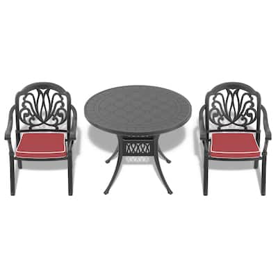 3/5 Piece Cast Aluminum Outdoor Dining Set with 39.37 in. Round Table and Random Color Seat Cushions