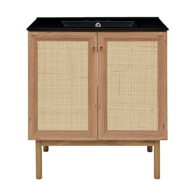 Classe 30 In. Brown Oak Bathroom Vanity With Black, 3-Hole Ceramic Sink Top