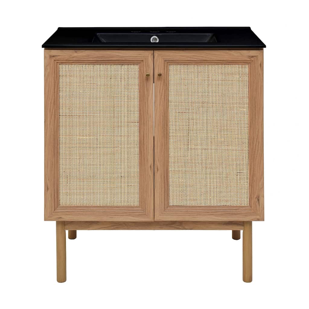 Classe 30 In. Brown Oak Bathroom Vanity With Black, 3-Hole Ceramic Sink Top