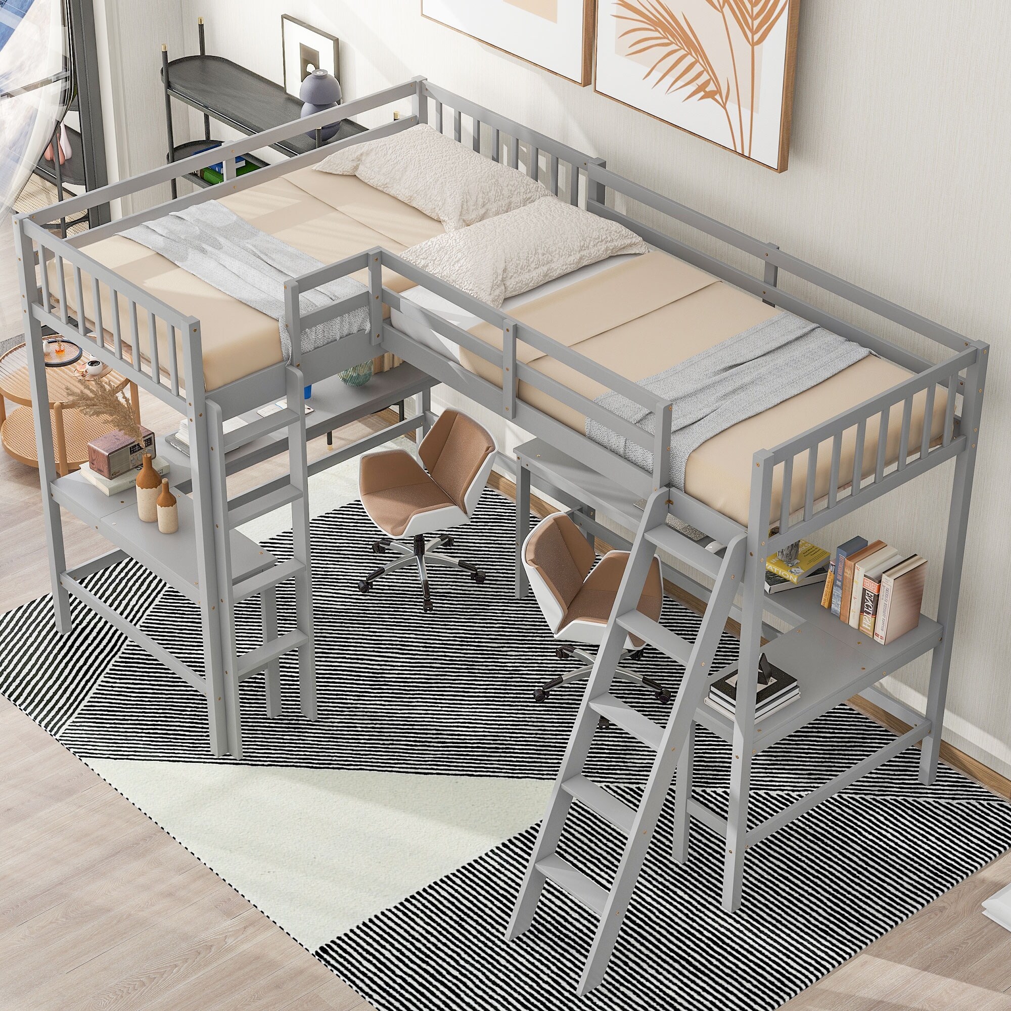 L Shaped Loft Bed with 2 Built in L Shaped Desks Wood Twin Size