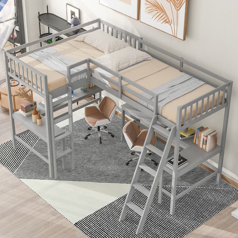 Twin L-Shaped Loft Bed with Desks